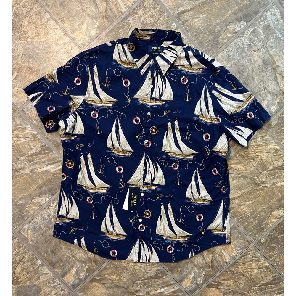 Polo Ralph Lauren Shirt Mens XL Navy NWT Sailboat Nautical Print Classic Fit